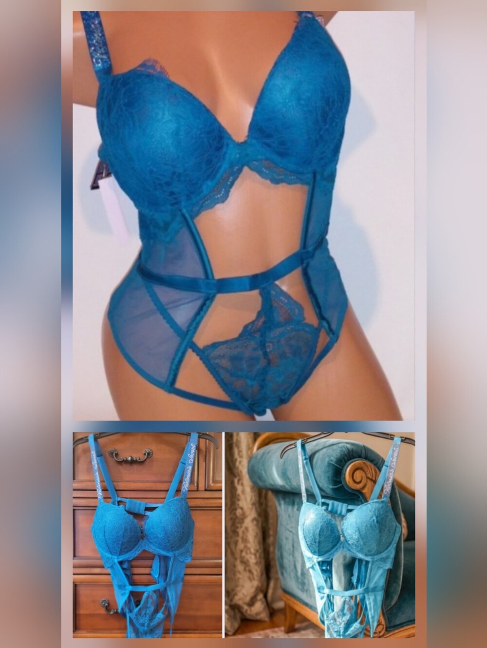 Victoria's Secret Teal Lace Shine Strap Teddy